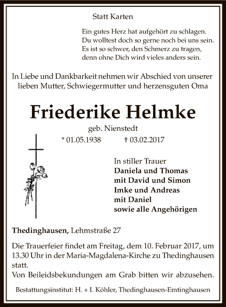  Traueranzeige für Friederike Helmke vom 07.02.2017 aus SYK