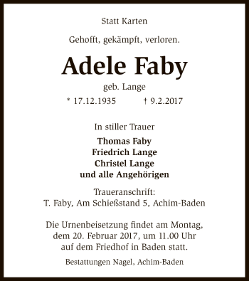 Traueranzeige von Adele Faby von SYK