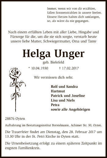 Traueranzeige von Helga Unger von SYK