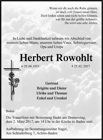 Traueranzeige von Herbert Rowohlt von SYK