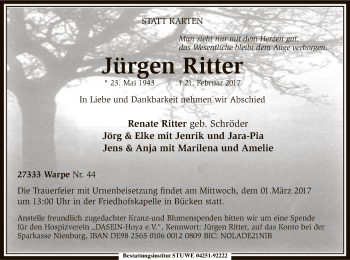 Traueranzeige von Jürgen Ritter von SYK