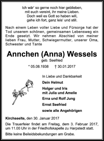 Traueranzeige von Annchen Wessels von SYK