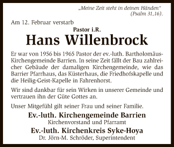 Traueranzeige von Hans Willenbrock von SYK