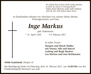 Traueranzeige von Inge Markus von SYK