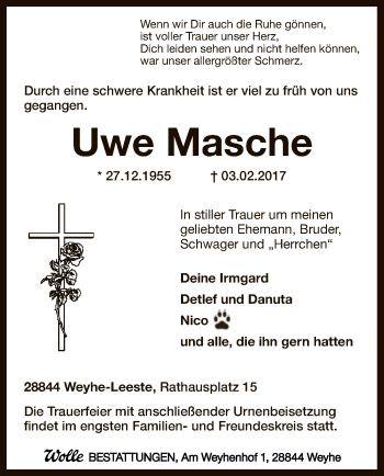 Traueranzeige von Uwe Masche von SYK