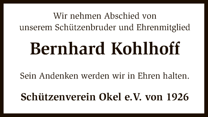  Traueranzeige für Bernhard Kohlhoff vom 03.02.2017 aus SYK