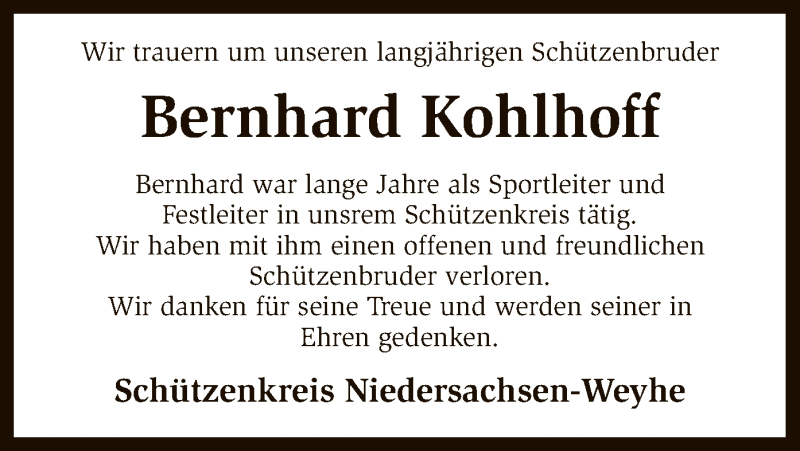  Traueranzeige für Bernhard Kohlhoff vom 01.02.2017 aus SYK