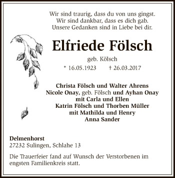 Traueranzeige von Elfriede Fölsch von SYK