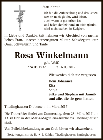 Traueranzeige von Rosa Winkelmann von SYK