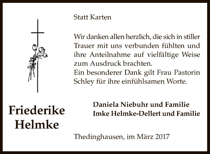  Traueranzeige für Friederike Helmke vom 18.03.2017 aus SYK
