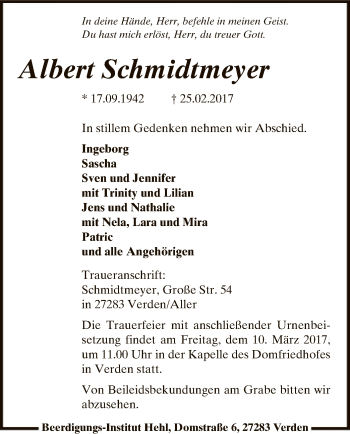 Traueranzeige von Albert Schmidtmeyer von SYK