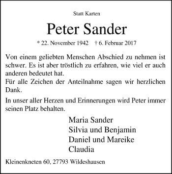 Traueranzeige von Peter Sander von SYK