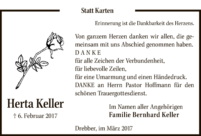  Traueranzeige für Herta Keller vom 18.03.2017 aus SYK