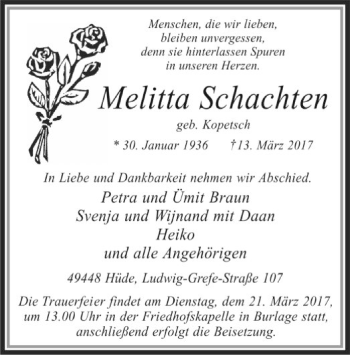 Traueranzeige von Melitta Schachten von SYK