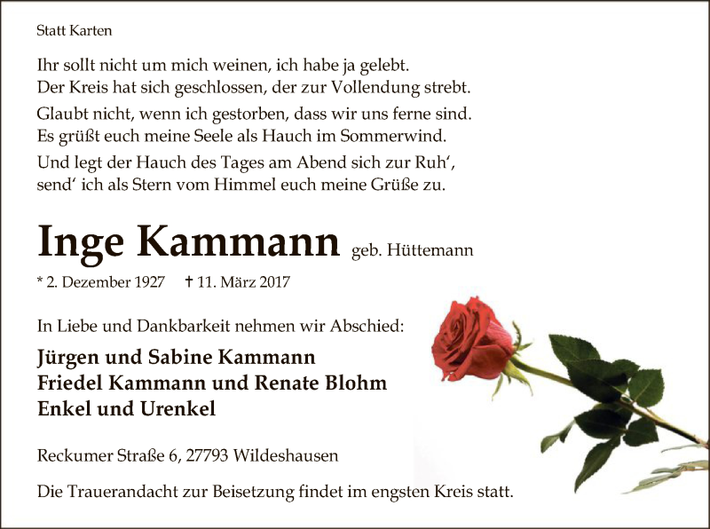  Traueranzeige für Inge Kammann vom 13.03.2017 aus SYK