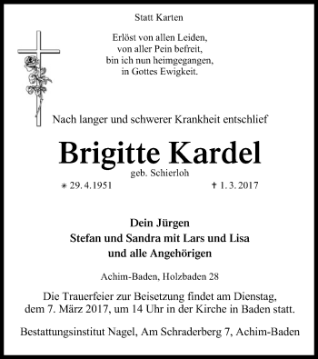 Traueranzeige von Brigitte Kardel von SYK