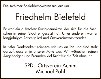 Traueranzeige von Friedhelm Bielefeld von SYK