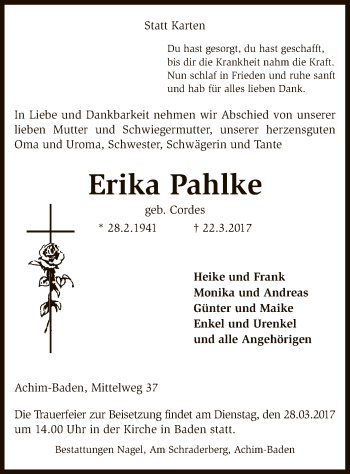 Traueranzeige von Erika Pahlke von SYK