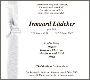 Traueranzeige von Irmgard Lüdeker von SYK