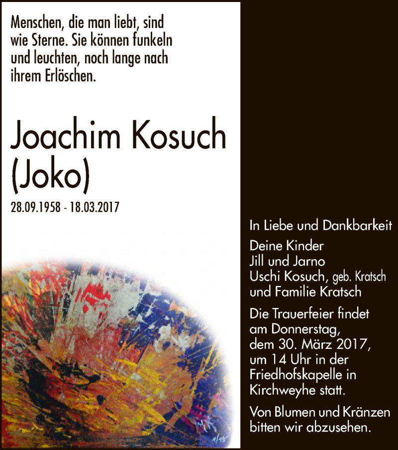  Traueranzeige für Joachim Kosuch vom 25.03.2017 aus SYK