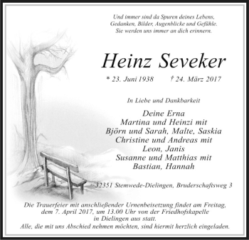 Traueranzeige von Heinz Seveker von SYK