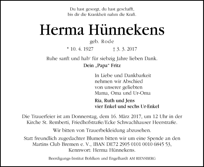  Traueranzeige für Herma Hünnekens vom 11.03.2017 aus SYK