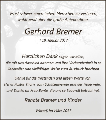 Traueranzeige von Gerhard Bremer von SYK