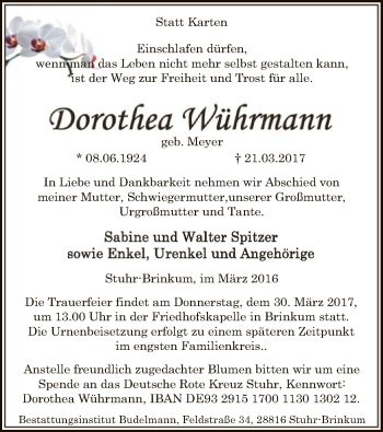 Traueranzeige von Dorothea Wührmann von SYK