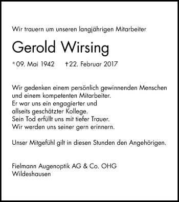 Traueranzeige von Gerold Wirsing von SYK