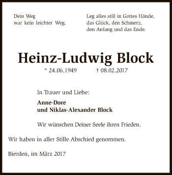 Traueranzeige von Heinz-Ludwig Block von SYK