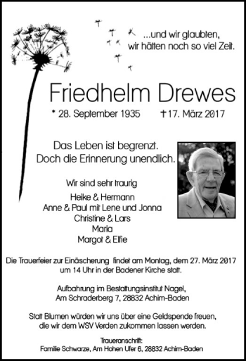 Traueranzeige von Friedhelm Drewes von SYK