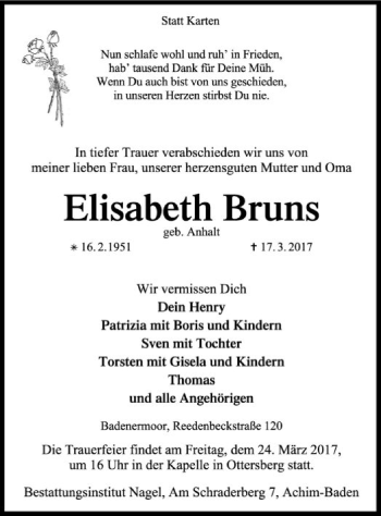 Traueranzeige von Elisabeth Bruns von SYK