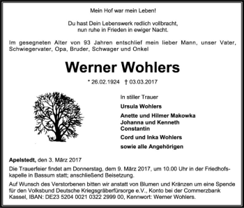 Traueranzeige von Werner Wohlers von SYK