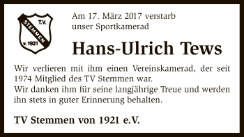 Traueranzeige von Hans-Ulrich Tews von SYK