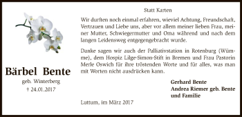 Traueranzeige von Bärbel Bente von SYK