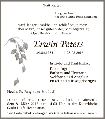 Traueranzeige von Erwin Peters von SYK