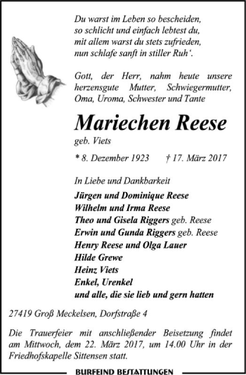 Traueranzeige von Mariechen Reese von SYK