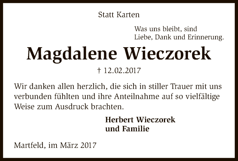 Traueranzeige für Magdalene Wieczorek vom 25.03.2017 aus SYK