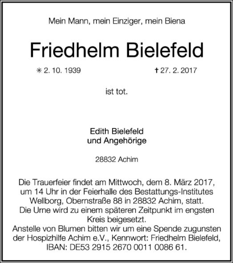  Traueranzeige für Friedhelm Bielefeld vom 02.03.2017 aus SYK