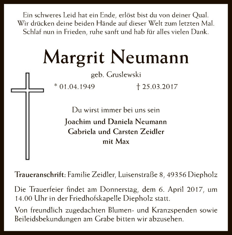  Traueranzeige für Margrit Neumann vom 28.03.2017 aus SYK