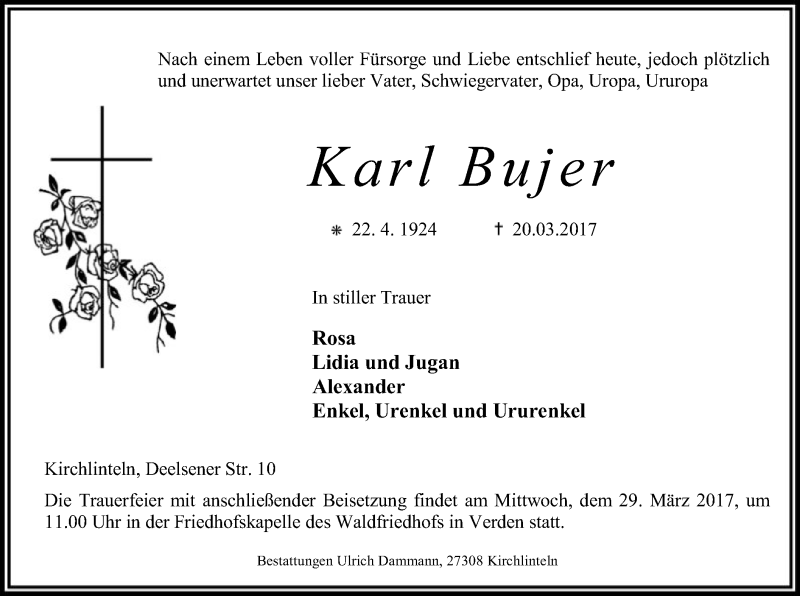 Traueranzeige für Karl Bujer vom 25.03.2017 aus SYK