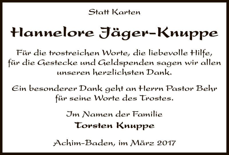  Traueranzeige für Hannelore Jäger-Knuppe vom 11.03.2017 aus SYK