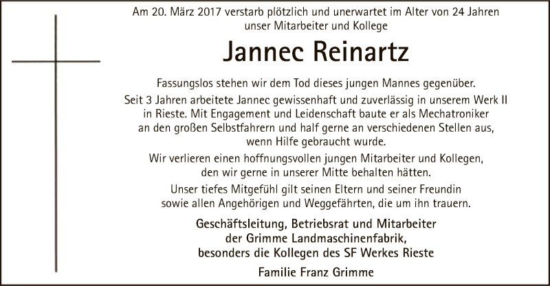  Traueranzeige für Jannec Reinartz vom 24.03.2017 aus SYK