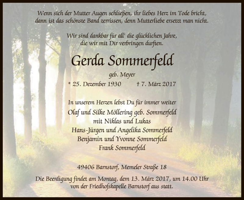  Traueranzeige für Gerda Sommerfeld vom 09.03.2017 aus SYK