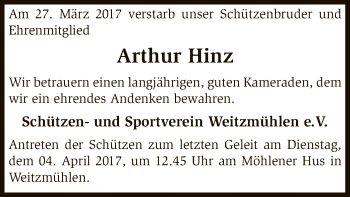 Traueranzeige von Arthur Hinz von SYK