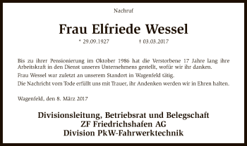 Traueranzeige von Elfriede Wessel von SYK