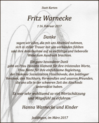 Traueranzeige von Fritz Warnecke von SYK