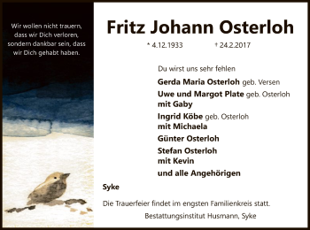 Traueranzeige von Fritz Johann Osterloh von SYK