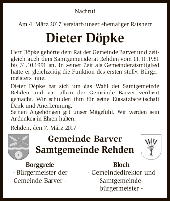 Traueranzeige von Dieter Döpke von SYK