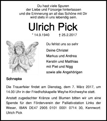 Traueranzeige von Ulrich Pick von SYK